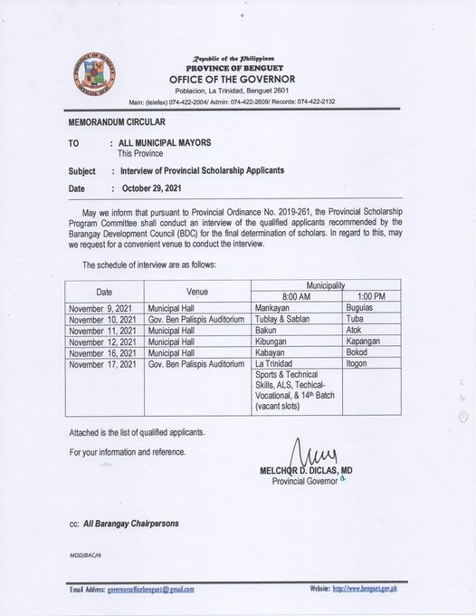 November 4, 2021 - Schedule for Provincial Scholarship Applicants