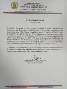 Endorsement for Reclassification of Benguet to a Lower Community Quarantine Status