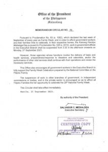 Office of the President Memorandum Circular No. 90 – Suspended work from 3:30 in the afternoon onwards on September 27, 2021